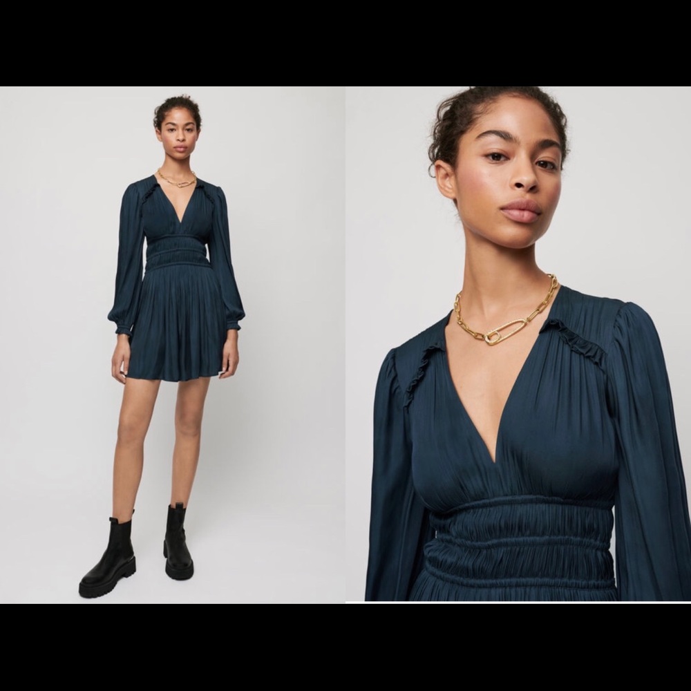 Maje Navy Flowing Satin Dress With Ruffles Size 38